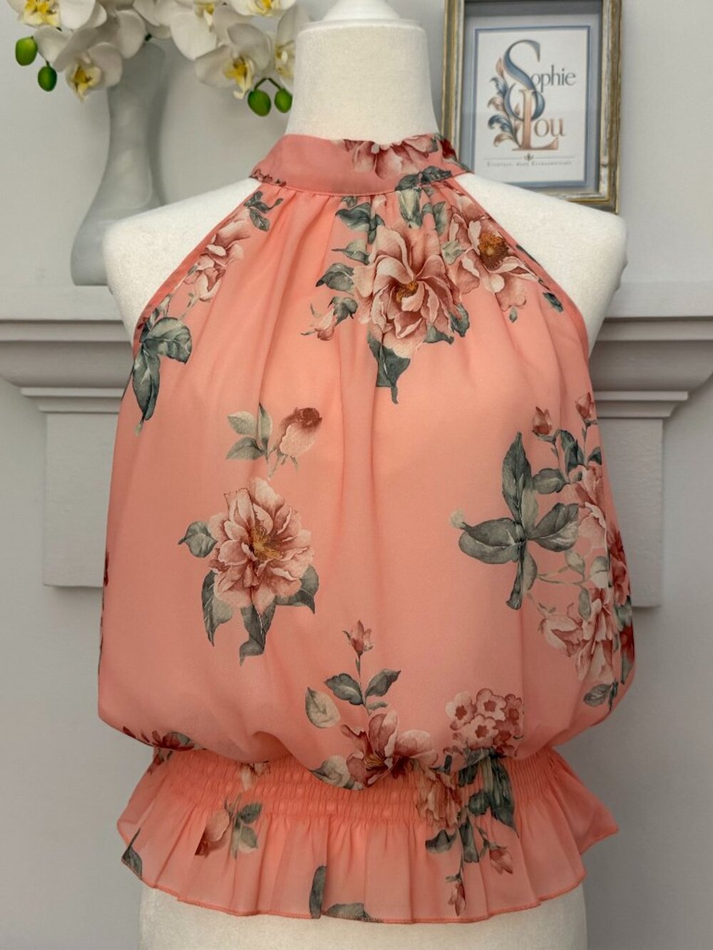 Coral Floral Chiffon Halter Blouse Smocked Ruffle Hem L